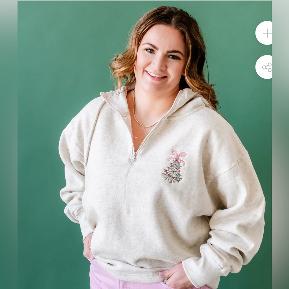 Little Mama Shirt Shop Quarter Zip Sweatshirt with Embroidered Christmas Tree